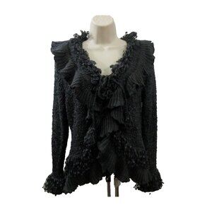 Lisa Intl Cardigan Sweater PM Black Chenille Tie & Toggle Fringe Collar/Sleeves